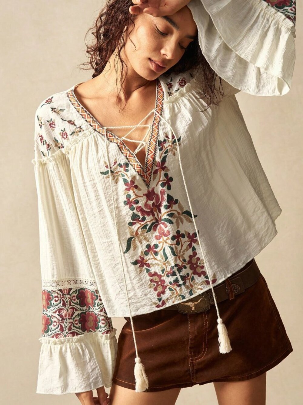 Apricot Boho Women's V-Neck Embroidered Casual Vacation Blouse